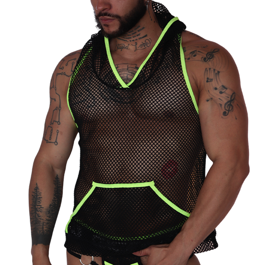 Front view of Gigo black mesh hoody t-shirt with neon yellow trim and pouch pocket on a muscular model.