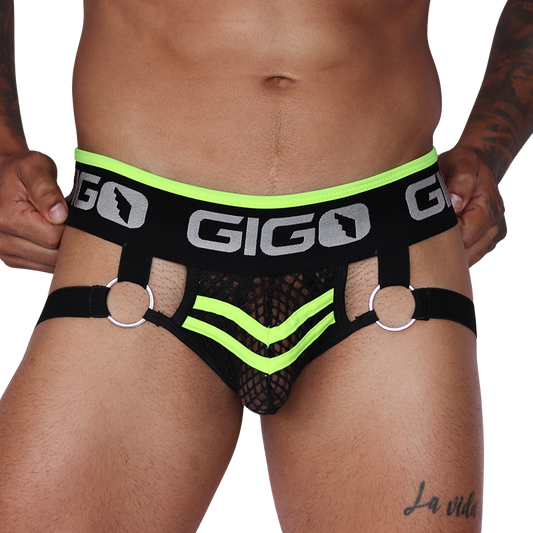 Front view of Gigo Boox yellow jockstrap in black fishnet mesh with O-rings and logo waistband.