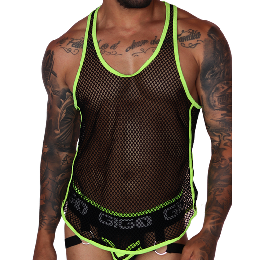 Front view of Gigo Boox tank in black fishnet mesh with neon yellow trim.