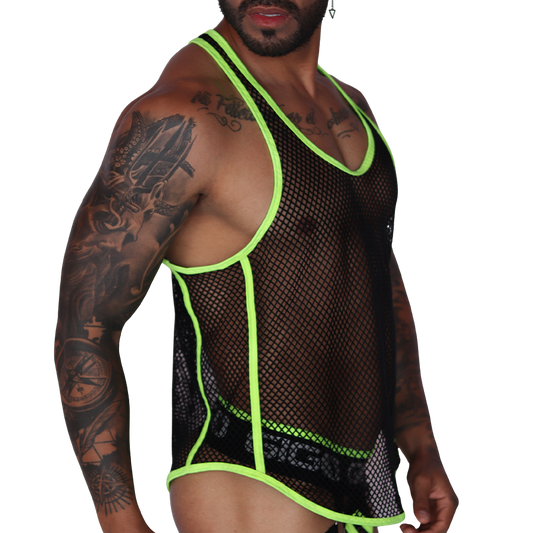 Side view of Gigo Boox mesh tank top with neon yellow trim and black fishnet fabric on a tattooed male model.