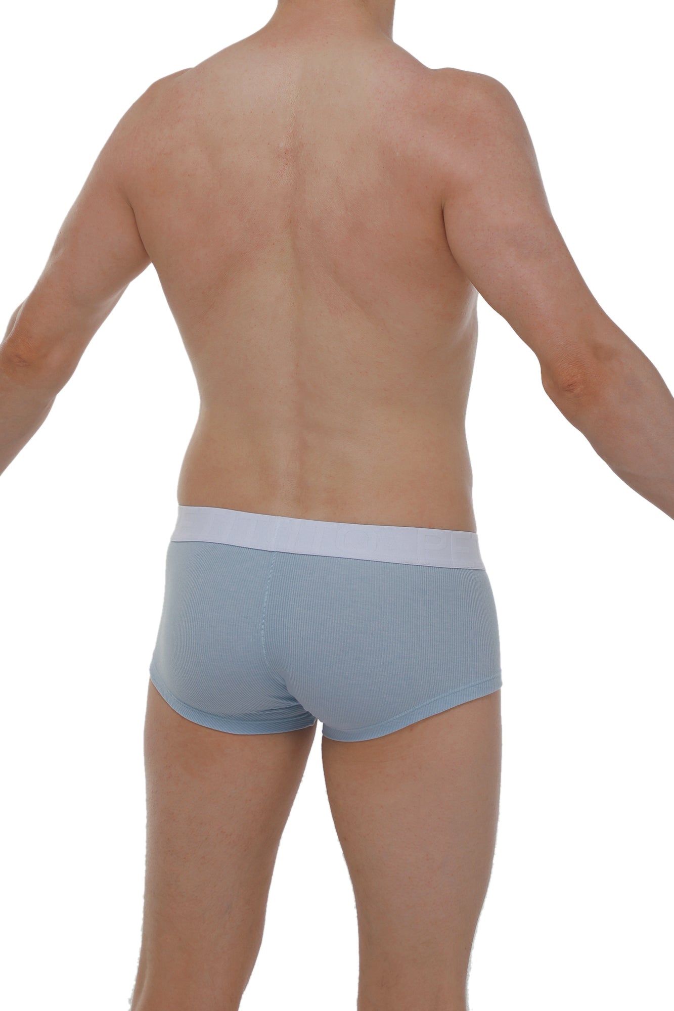 Light blue ribbed boxer briefs with white elastic waistband made for comfort and chillax wear