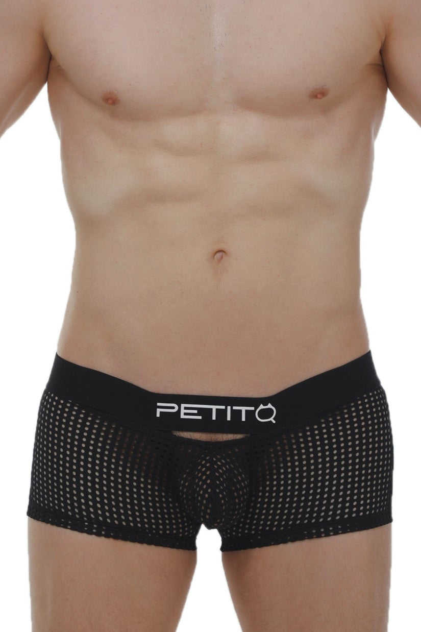 Black mesh boxer briefs dolmen durtol with white petitq logo on waistband for breathable comfort