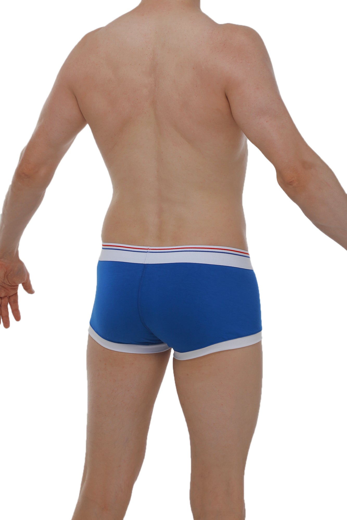 Blue men’s briefs boxer linay with white trim and thin red stripe along waistband in soft breathable fabric