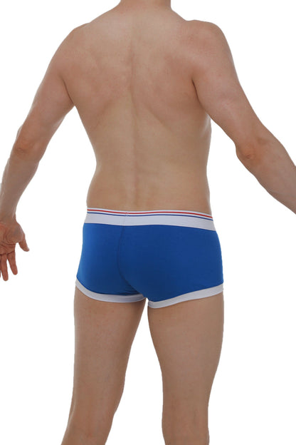 Blue men’s briefs boxer linay with white trim and thin red stripe along waistband in soft breathable fabric