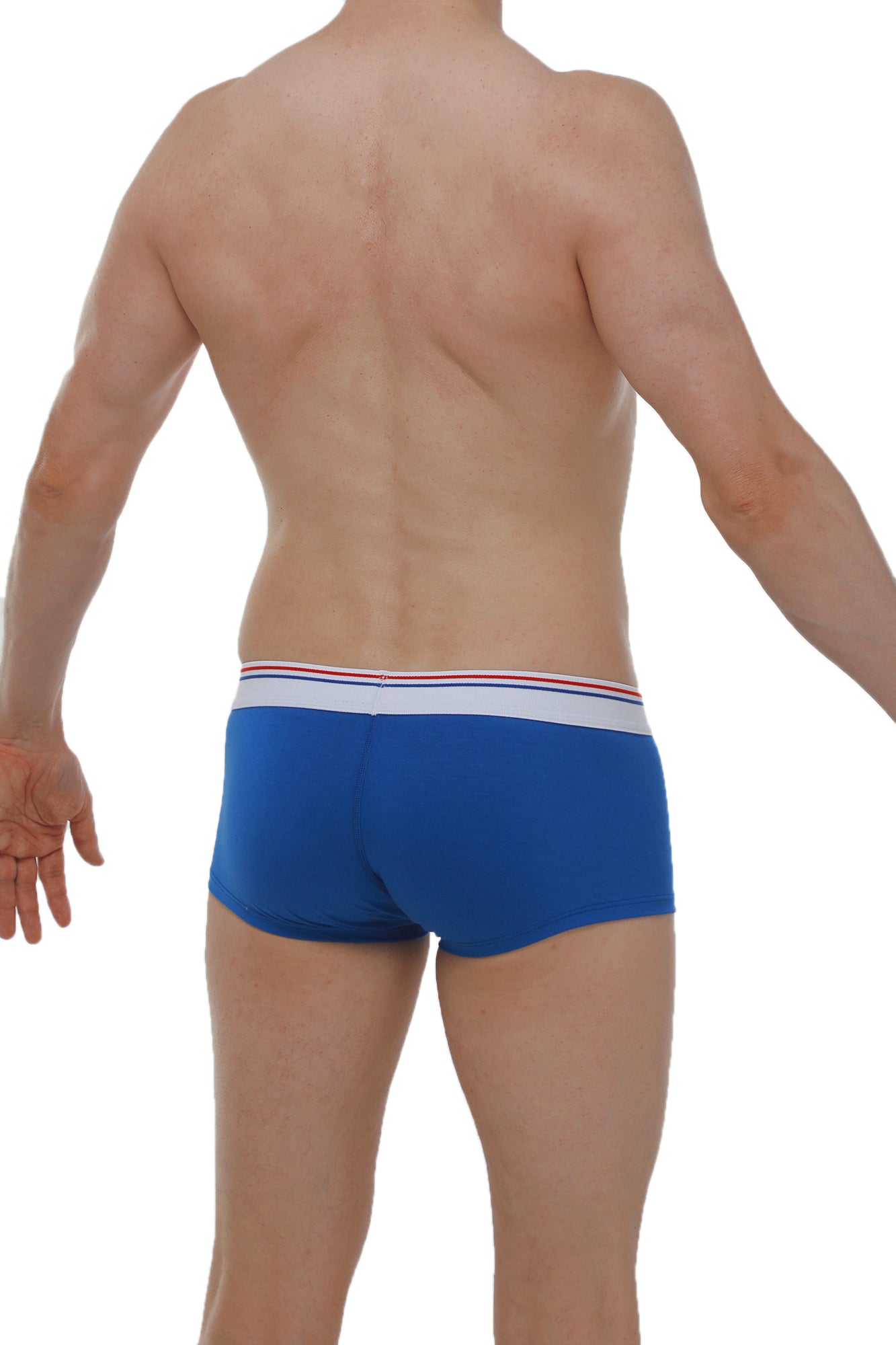 Blue men’s boxer briefs mano blanc-bleu with white waistband and thin red and blue stripes for comfortable wear
