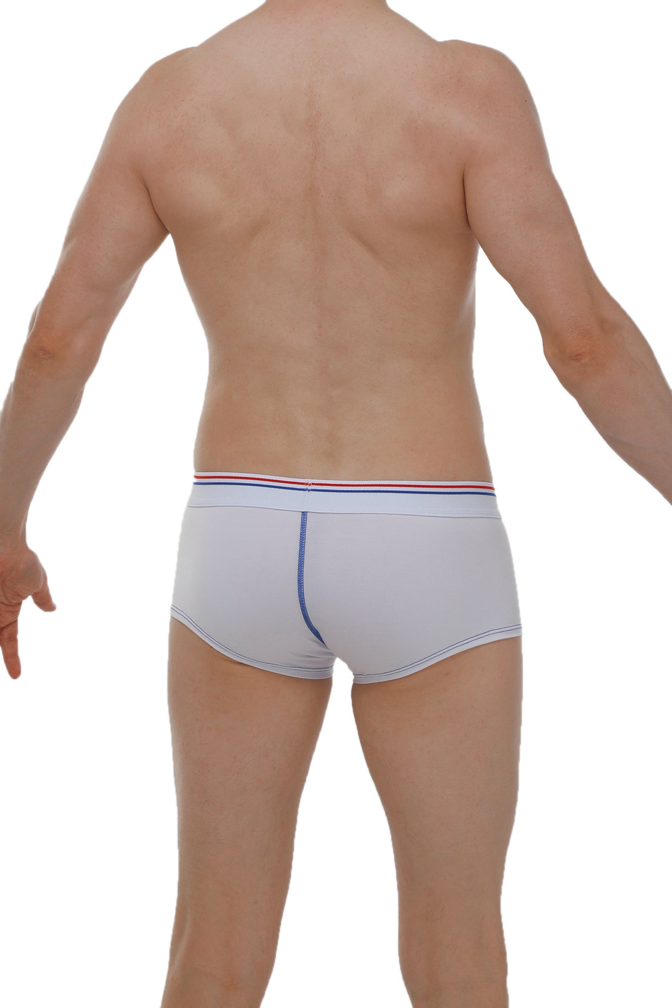 Boxer mano modal white men’s briefs with red white and blue striped waistband and blue side seam stitching