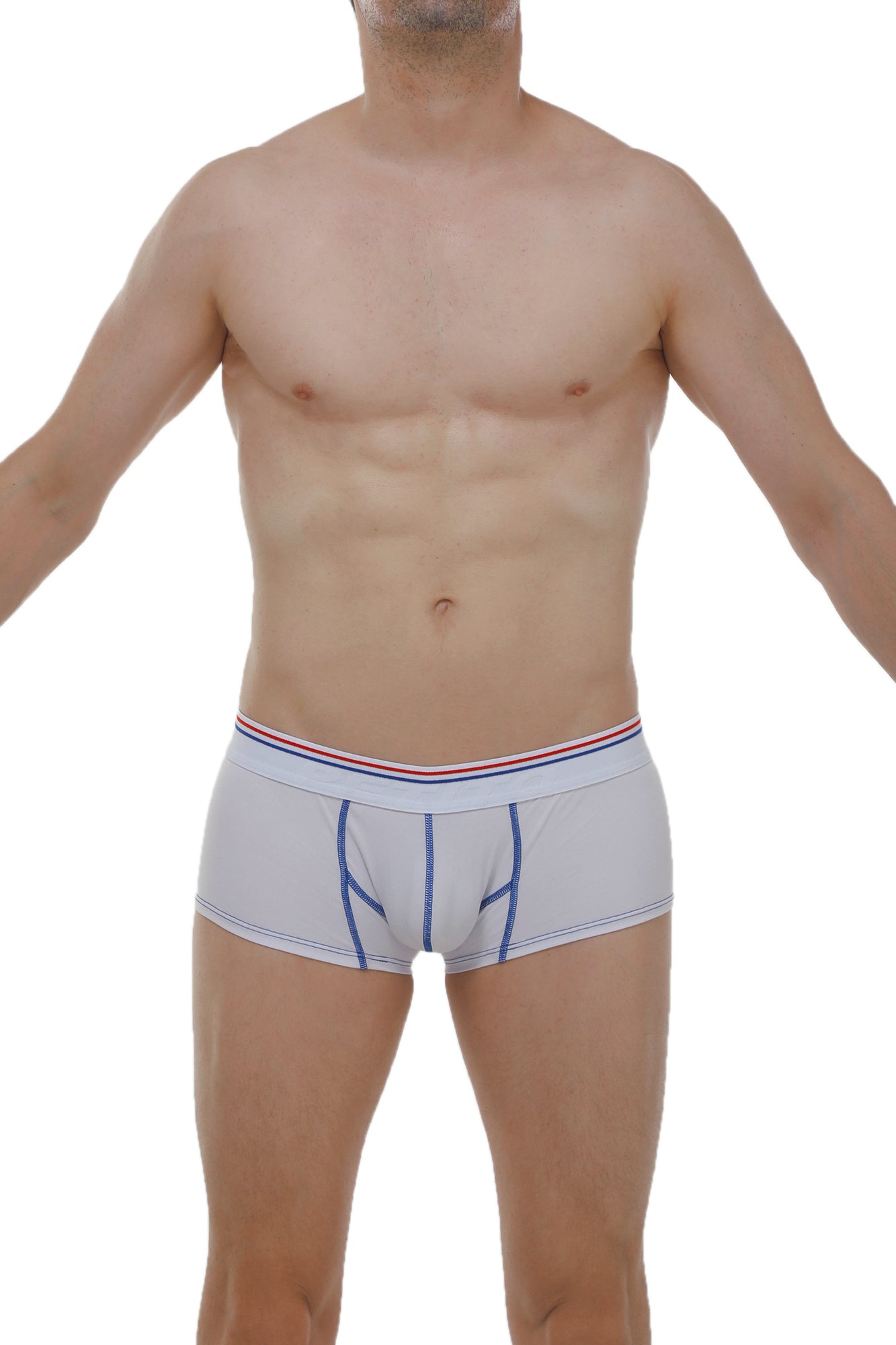 Light gray men’s Boxer Mano Modal briefs with blue stitching and a red white and blue striped waistband