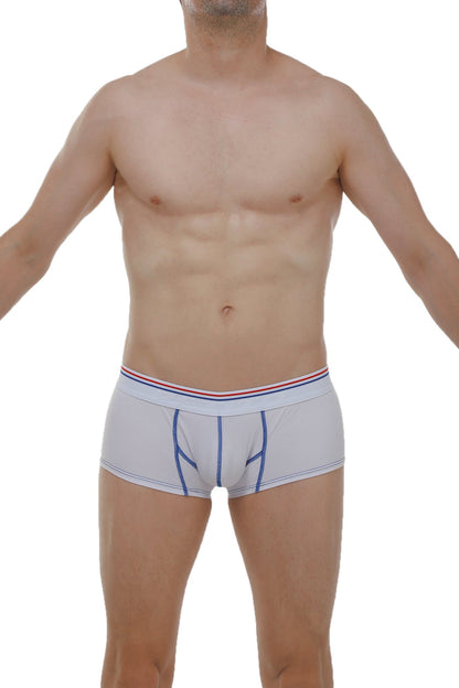 Light gray men’s Boxer Mano Modal briefs with blue stitching and a red white and blue striped waistband