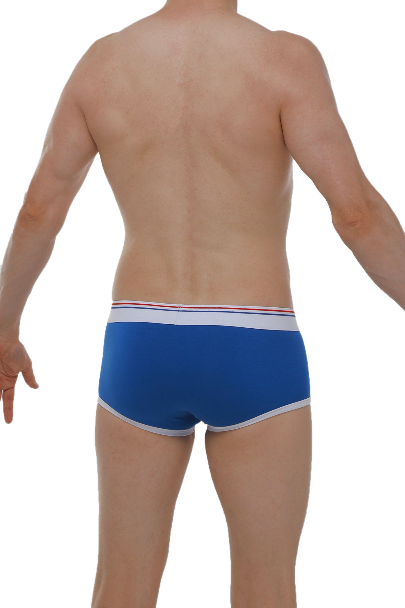 Blue men’s briefs boxer morrier with white and red striped trim designed for comfortable everyday wear