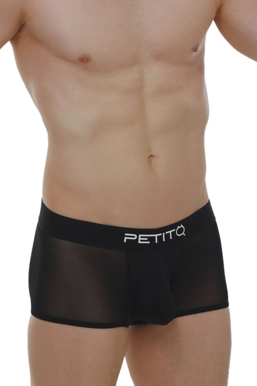 Black sheer mesh boxer briefs with solid black petitq logo waistband in noth black color