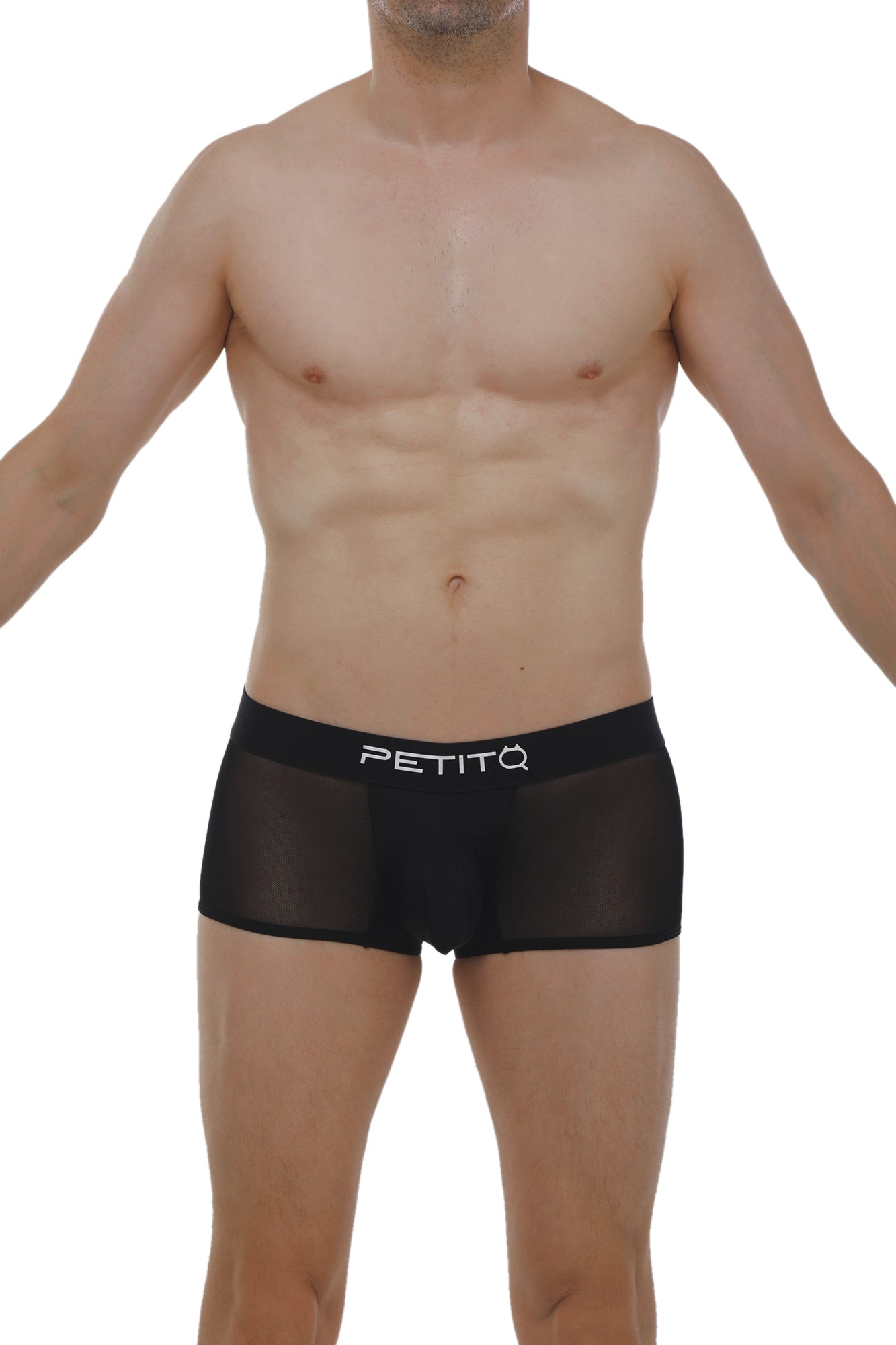 Black sheer mesh boxer briefs with white petitq logo on the waistband called boxer noth black