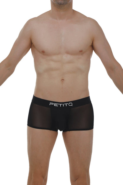Black sheer mesh boxer briefs with white petitq logo on the waistband called boxer noth black