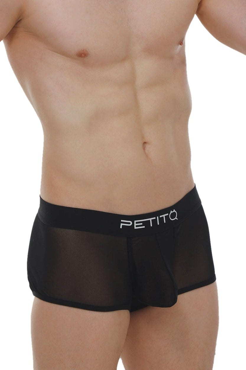 Boxer petitq net black sheer mesh briefs with solid black waistband featuring petitq logo in white lettering