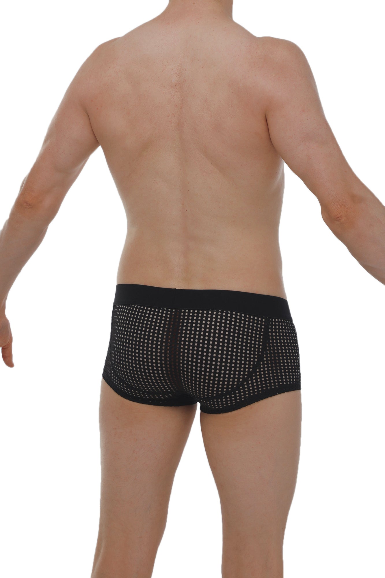 Black mesh briefs boxer protruder durtol black with subtle white dot pattern and solid black waistband front view