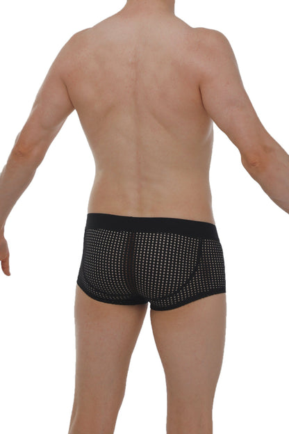 Black mesh briefs boxer protruder durtol black with subtle white dot pattern and solid black waistband front view