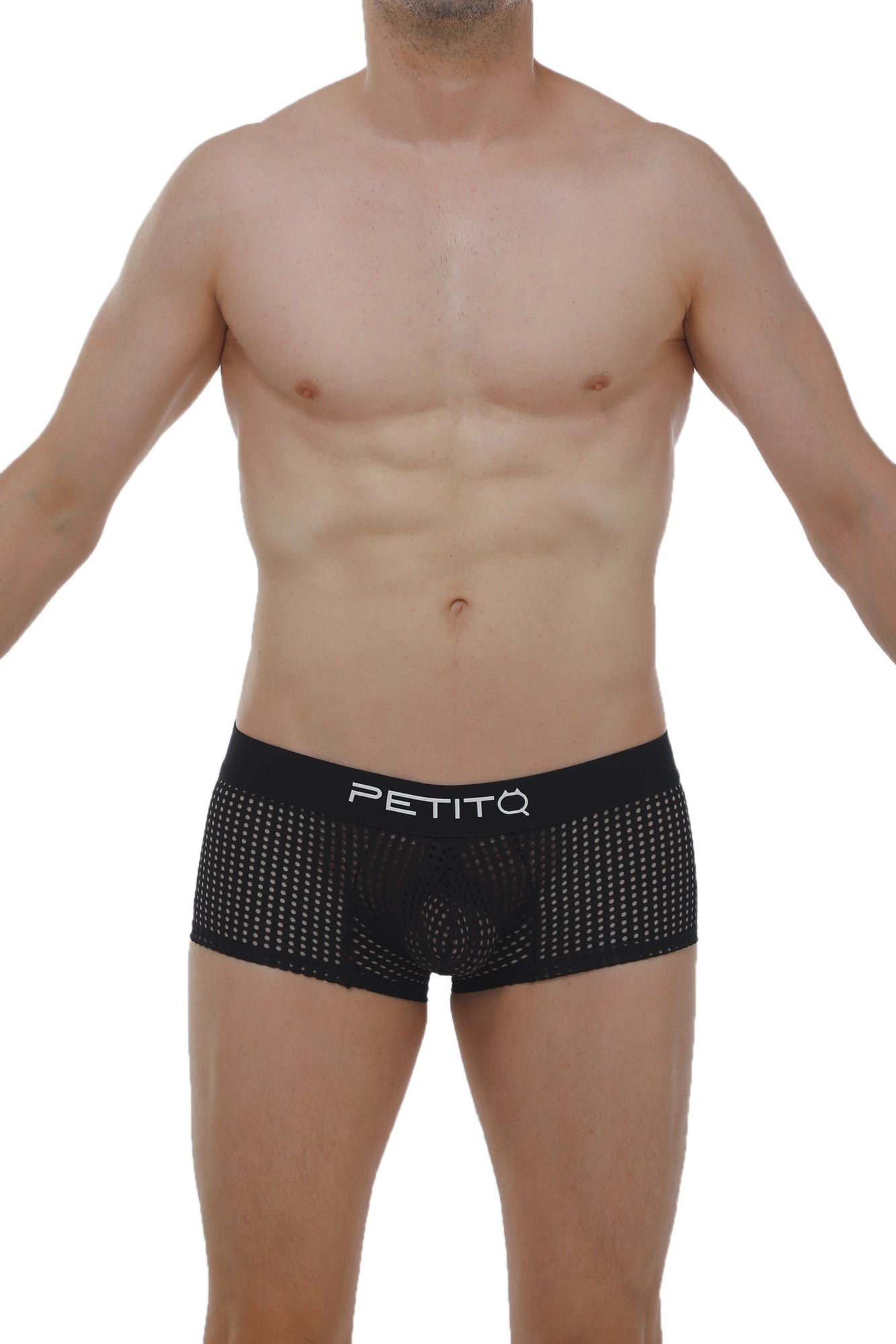 Black mesh boxer protruder durtol briefs with white petitq logo on waistband