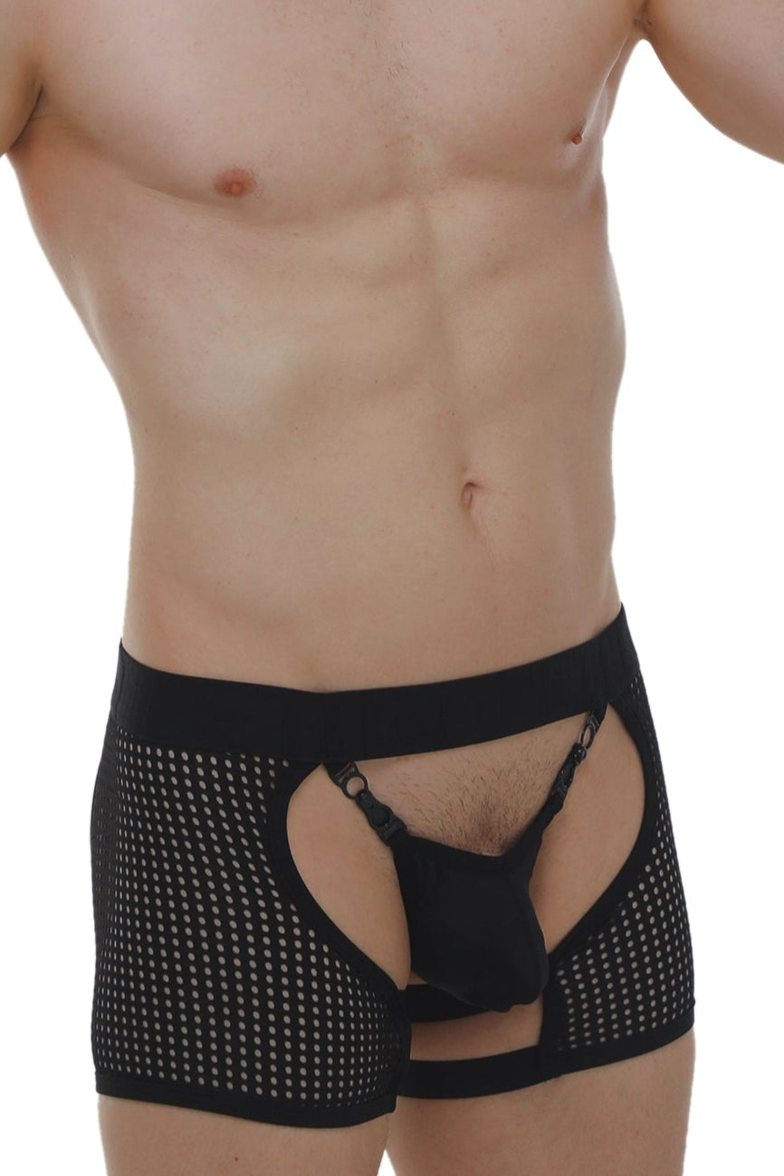 Black mesh briefs boxer string garter angy durtol with perforated design and open front for a bold look