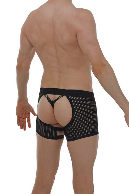 Black boxer string garter angy durtol briefs with mesh cutout design and lace trim on the back side