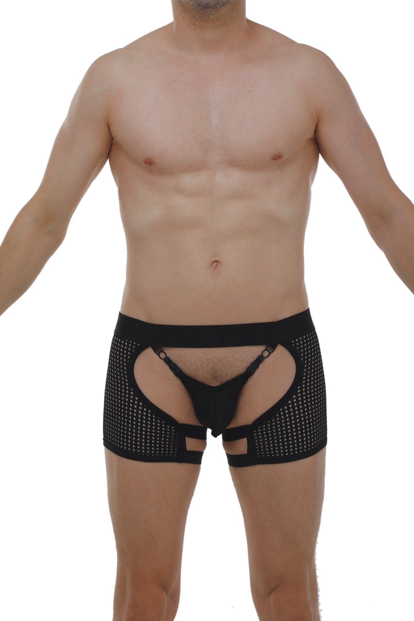Black mesh boxer string garter angy durtol briefs with cut-out design and adjustable straps