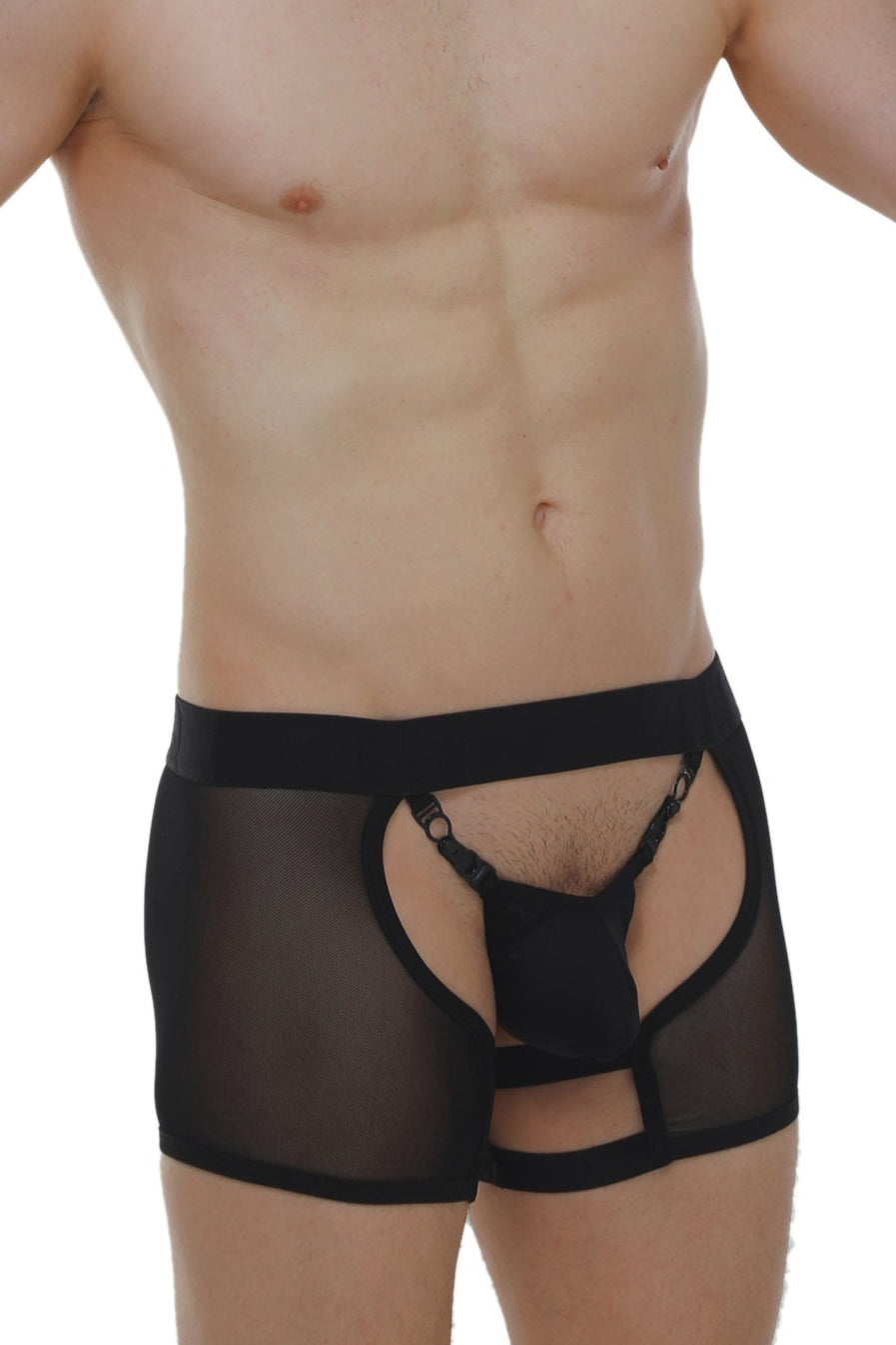 Black sheer mesh boxer string garter briefs with solid front panel and adjustable straps in black