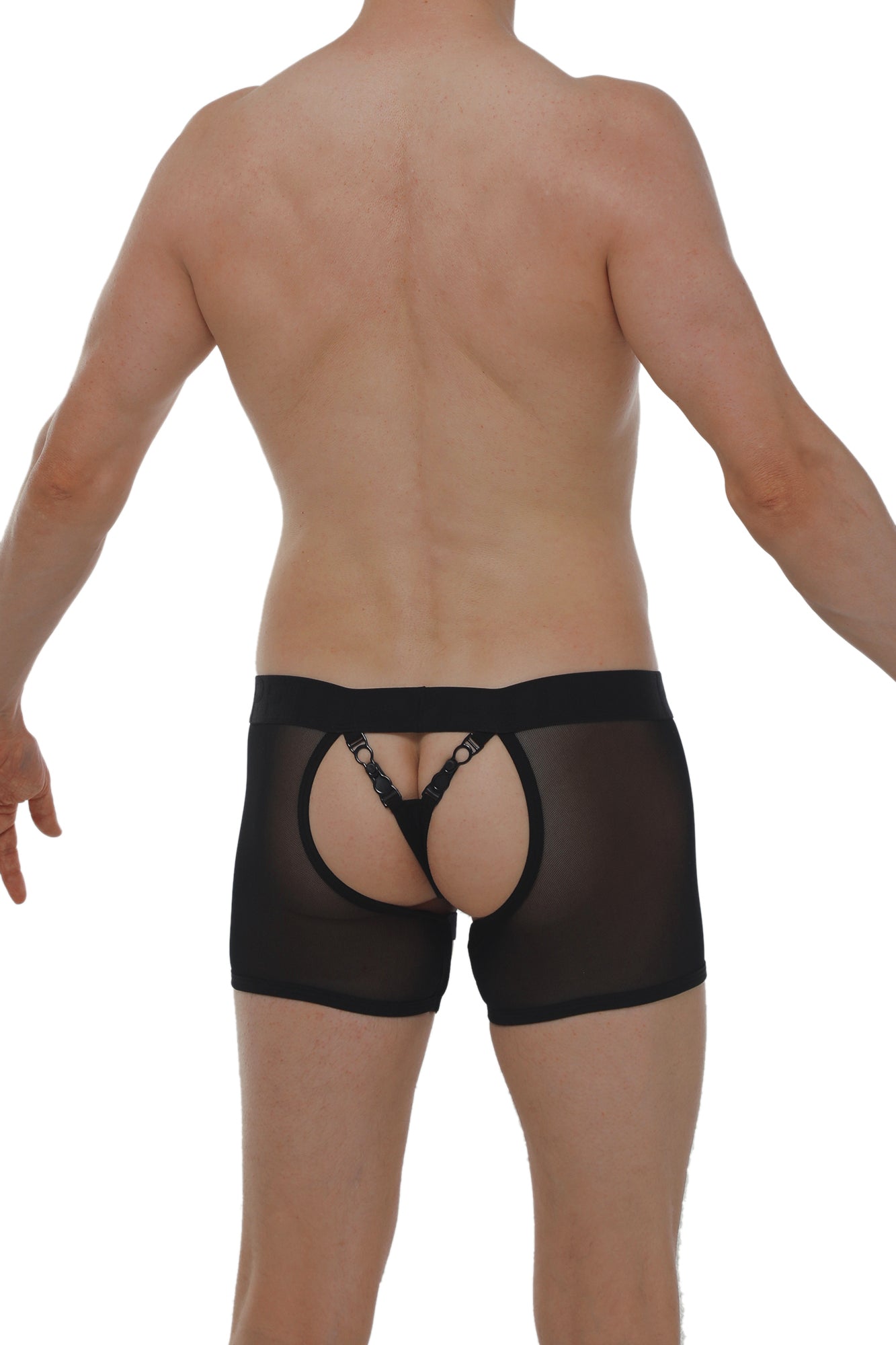 Black sheer mesh boxer string garter angy net briefs with lace trimmed back panel and adjustable straps shown from back