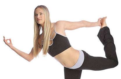 Bra top black athletic sports bra with light gray crisscross straps designed for activewear