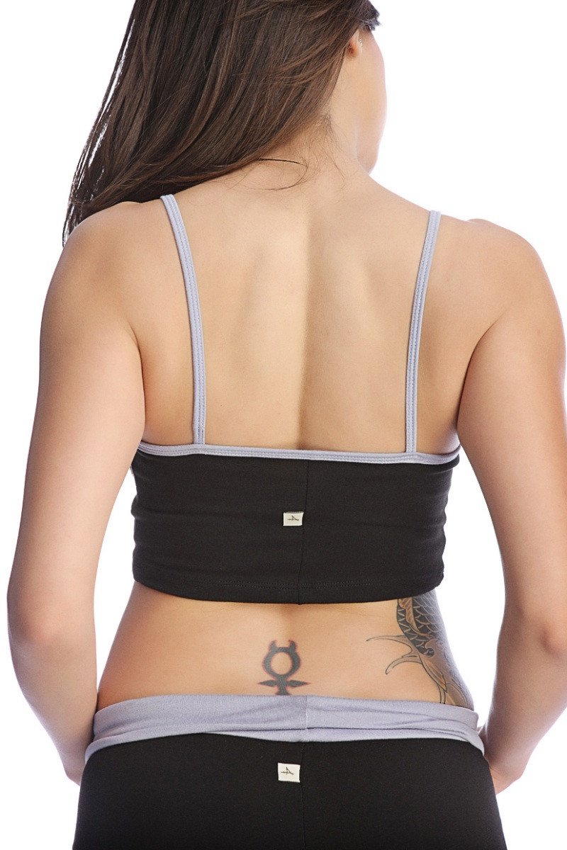 Black and gray strap sports bra top with elasticized back panel designed for comfortable active wear