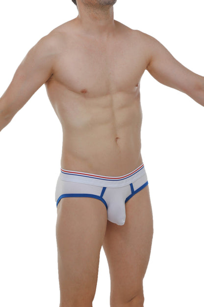 White briefs with blue trim and red white and blue striped waistband in brief andrew white product image