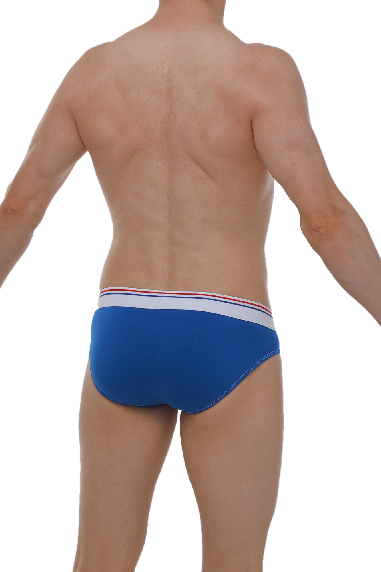 Blue briefs made of modal fabric with a white waistband and thin red and blue stripes for everyday comfort