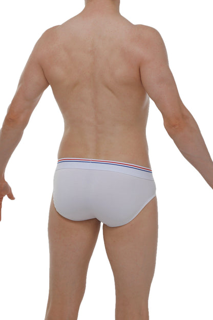 White briefs linay bigout with a thin elastic waistband featuring red white and blue stripes for comfortable wear