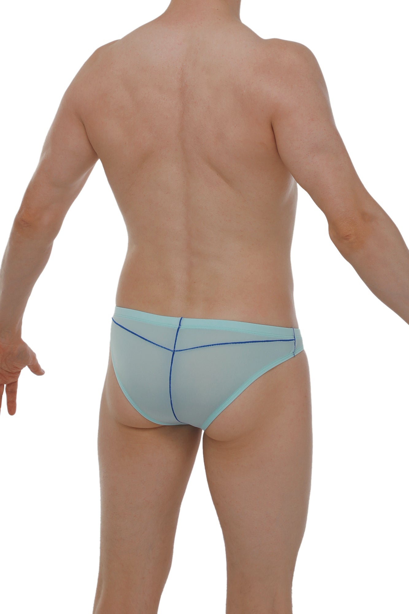 Brief mison plum sky blue light blue sheer mesh briefs with thin navy blue stitching along the seams