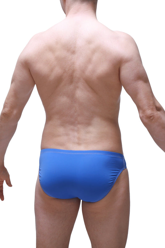 Brief open miarel blue bright blue form-fitting swim trunks with smooth stretchy fabric and subtle waistband stitching