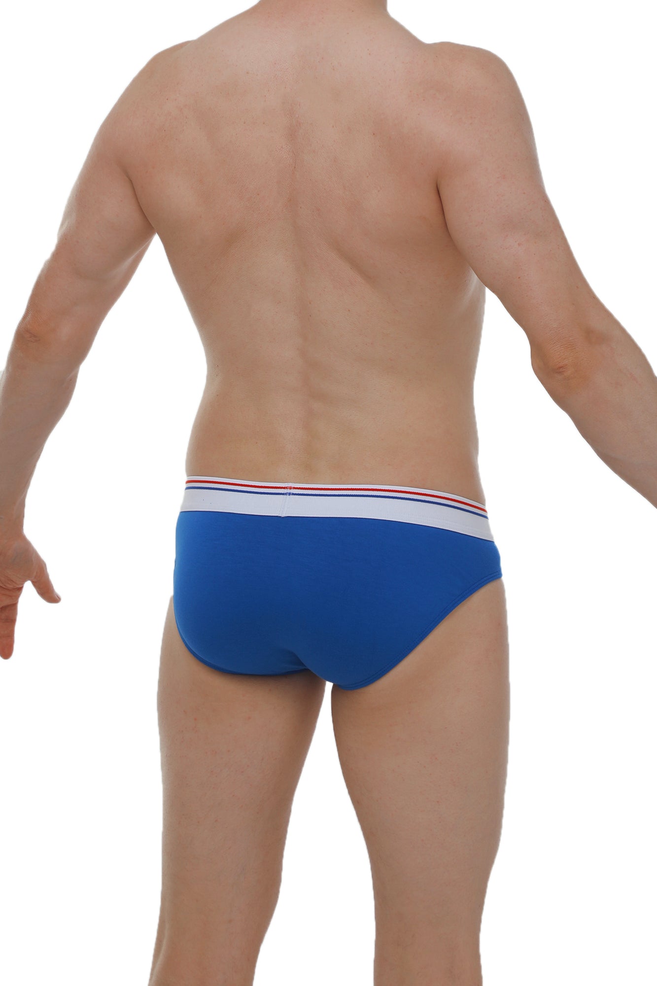 Blue brief protruder modal briefs with white waistband and thin red and blue stripes made from modal fabric