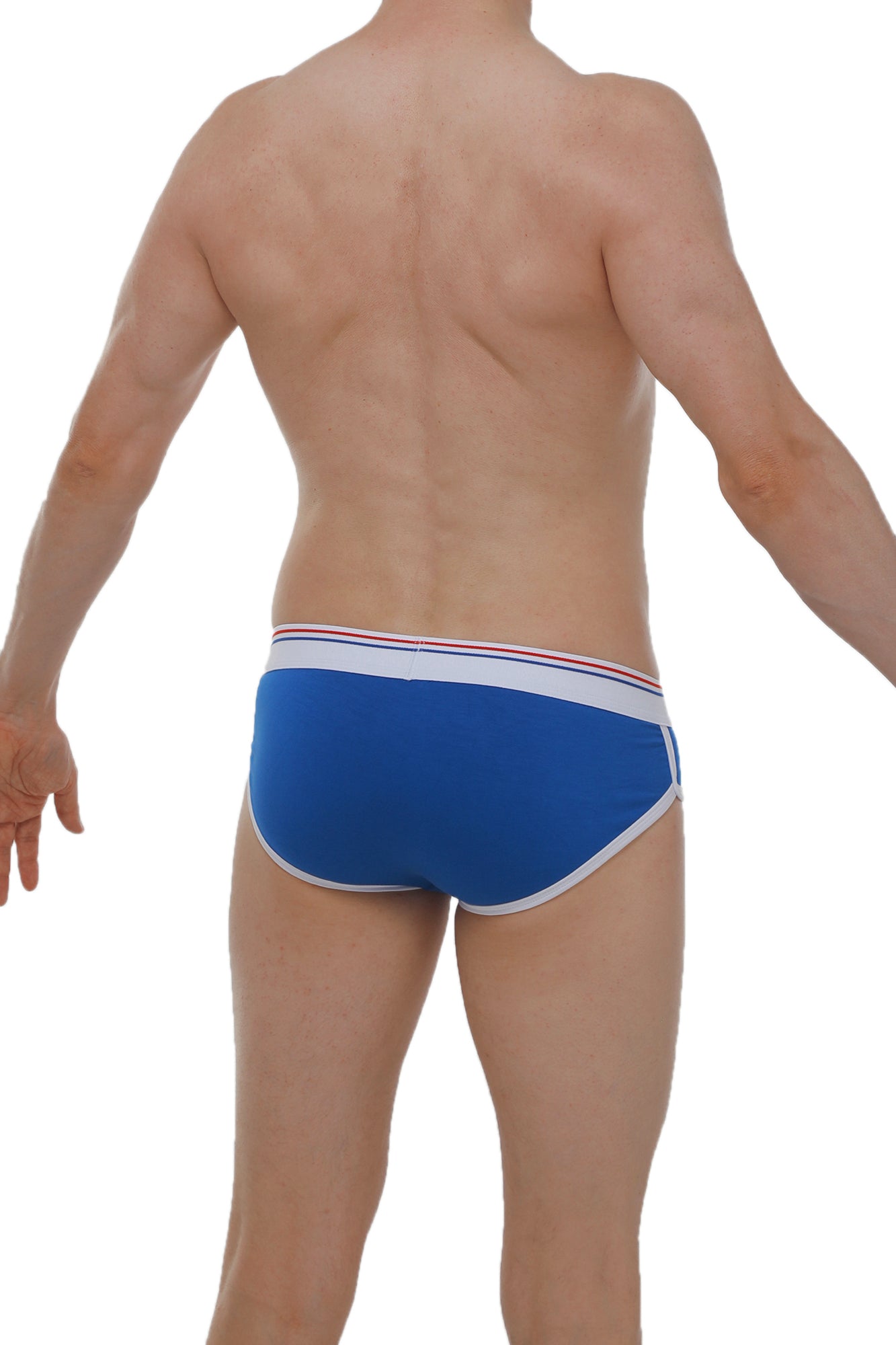 Brief retro modal blue men’s briefs with white trim and a thin red stripe along the waistband