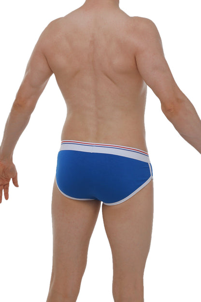 Brief retro modal blue men’s briefs with white trim and a thin red stripe along the waistband