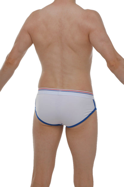 Brief retro modal white briefs in white with blue trim and a red white and blue striped waistband made of modal fabric