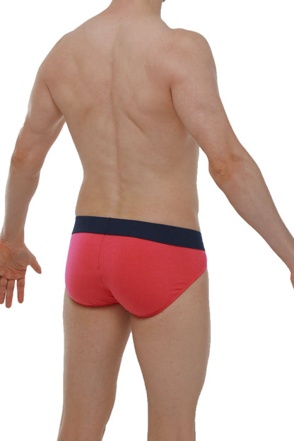 Red briefs with a navy blue waistband.