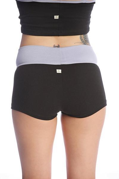 Bumble short black and light gray two-tone snug fit shorts with elastic waistband and brand tag at the back