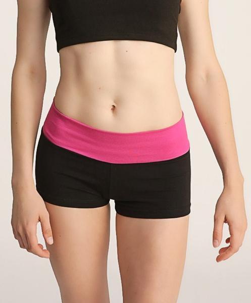 Black athletic bumble shorts with a vibrant pink elastic waistband designed for comfort and active wear