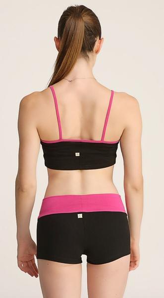 Black and pink bumble short athletic two-piece set with thin straps and elastic waistband for activewear