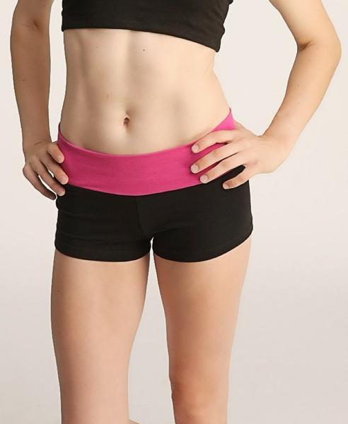 Black athletic bumble short with vibrant pink elastic waistband designed for activewear and comfort