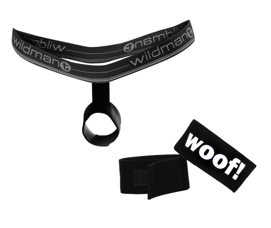 Black wildman brand dog leash with woof patch included in bundle with ball lifter protruder and woof ring