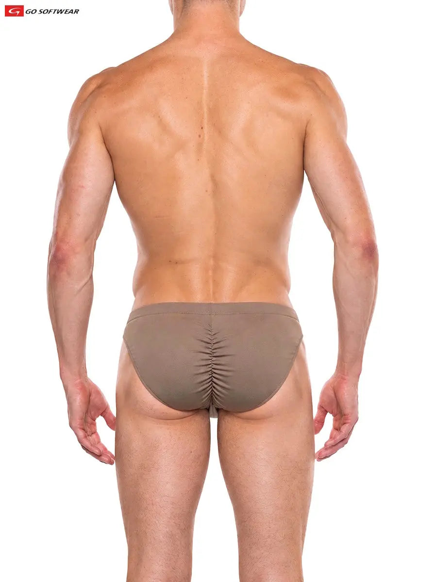 Men's brown contour brief with ruched back detail shown on a model from behind by Go Softwear