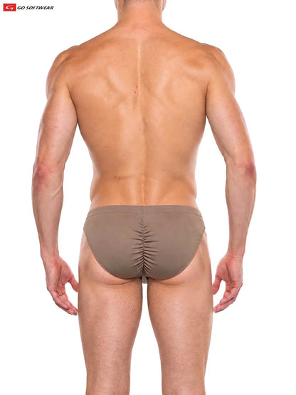 Men's brown contour brief with ruched back detail shown on a model from behind by Go Softwear