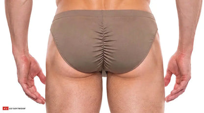 Brown suede men's contour brief by Go Softwear featuring a gathered back for enhanced fit and style.