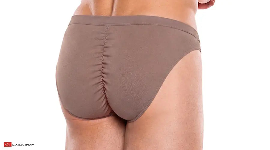 Brown suede men's contour brief with gathered back detail shown on a model from behind by Go Softwear