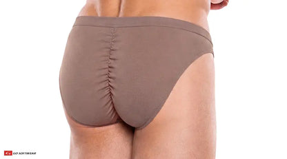 Brown suede men's contour brief with gathered back detail shown on a model from behind by Go Softwear