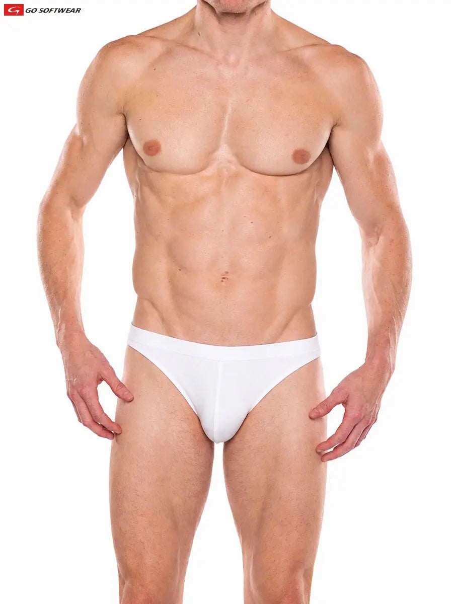 White men's contour brief by Go Softwear featuring a snug fit and minimal coverage modeled by a man with a toned physique