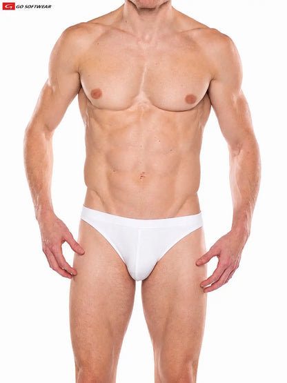 White men's contour brief by Go Softwear featuring a snug fit and minimal coverage modeled by a man with a toned physique