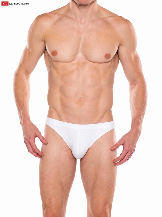 White men's contour brief by Go Softwear featuring a snug fit and minimal coverage modeled by a man with a toned physique